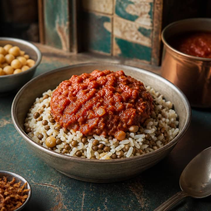 Lentils rice and tomato sauce