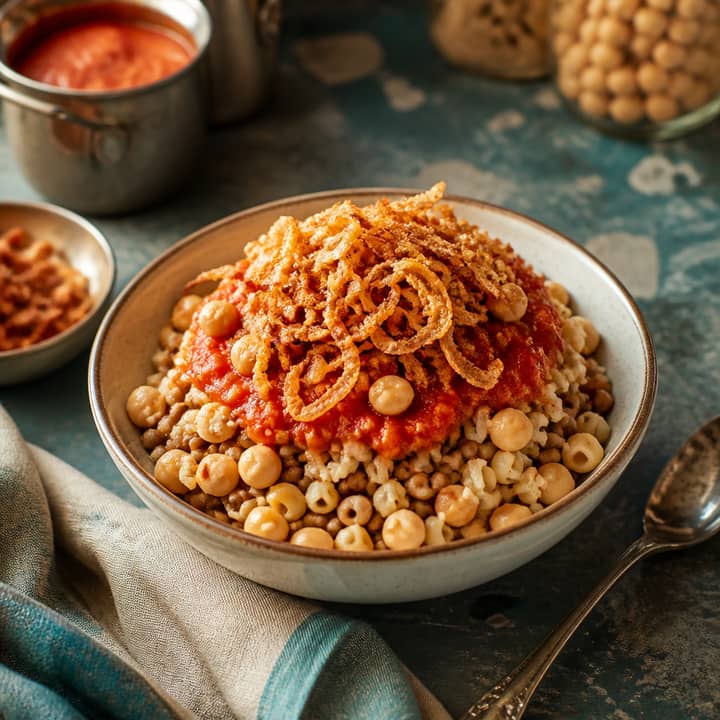 Koshari bowl with crispy onions